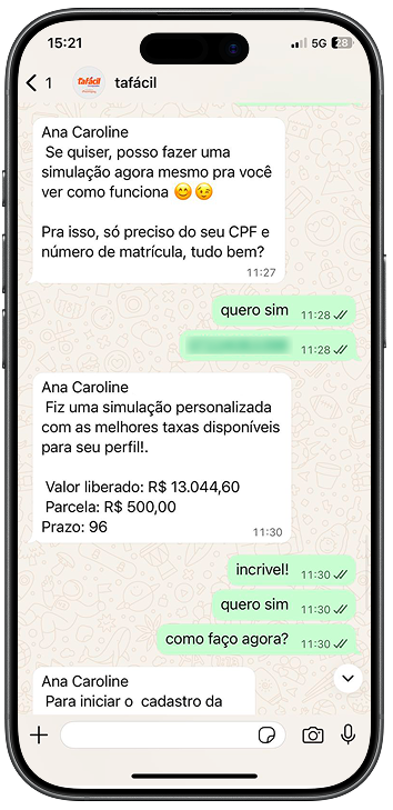Print de conversa com suporte tafácil solicitando empréstimo consignado.
