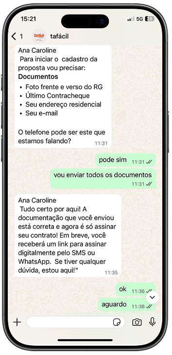 Print de conversa com suporte tafácil solicitando empréstimo consignado.