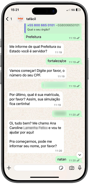 Print de conversa com suporte tafácil solicitando empréstimo consignado.