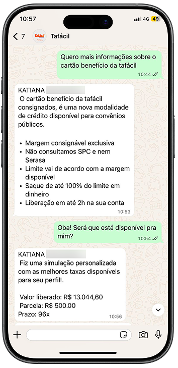 Print de conversa com suporte tafácil solicitando empréstimo consignado.