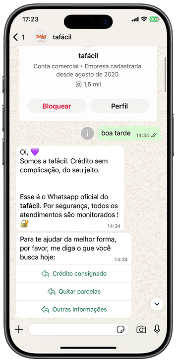 Print de conversa com suporte tafácil solicitando empréstimo consignado.