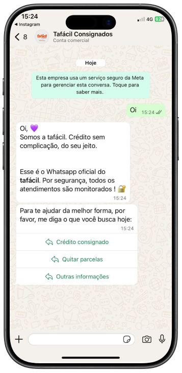 Print de conversa com suporte tafácil solicitando empréstimo consignado.