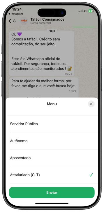 Print de conversa com suporte tafácil solicitando empréstimo consignado.
