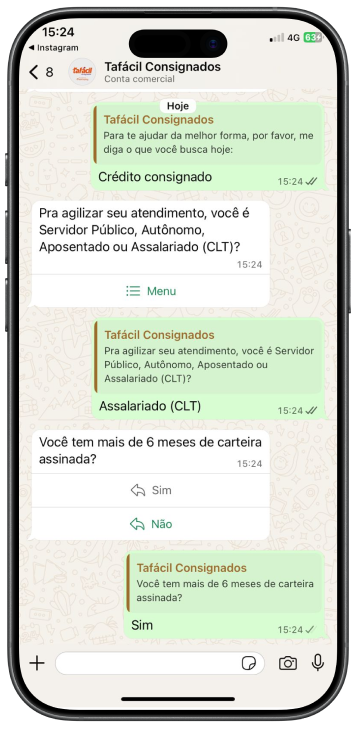Print de conversa com suporte tafácil solicitando empréstimo consignado.