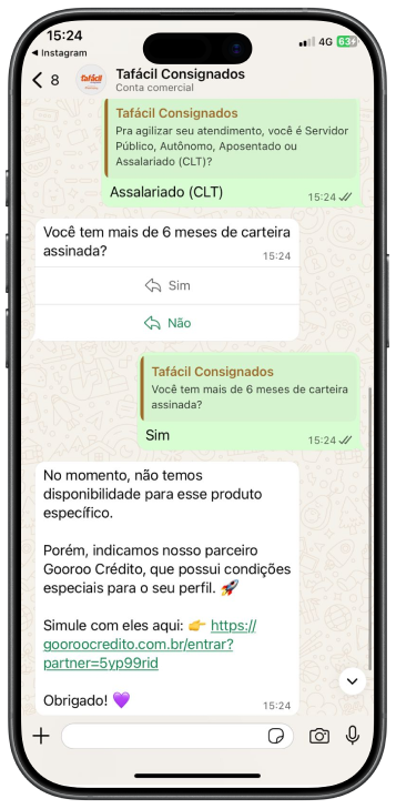 Print de conversa com suporte tafácil solicitando empréstimo consignado.